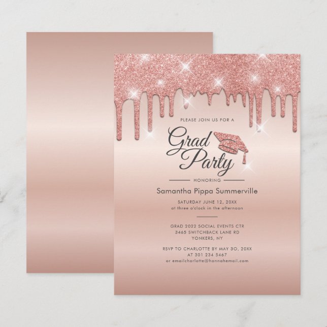 Abschluss 2022 Rose Gold Glitzer Grad Party Einladung (Vorne/Hinten)