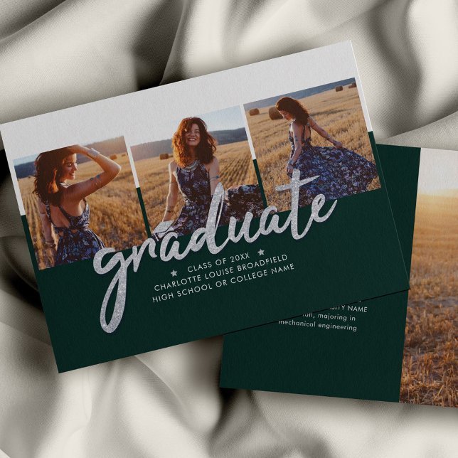 Abschluss 2023 Foto Collage Green Silver Grad (Graduation Photo Collage Green Modern Grad Announcement)