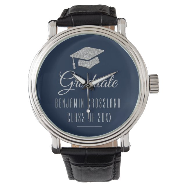 Abschluss 2024 Grad Cap Gray Navy Blue Graduate Armbanduhr (Vorderseite)