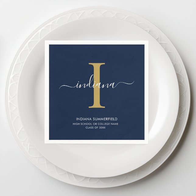 Abschluss 2024 Monogramm Skriptname Grad Party Serviette (Monogram Script Graduation Navy Blue Paper Napkin)