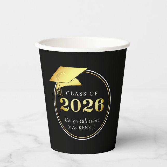 Abschluss 2025 Black Imitats Metallic Gold Pappbecher (Vorderseite)