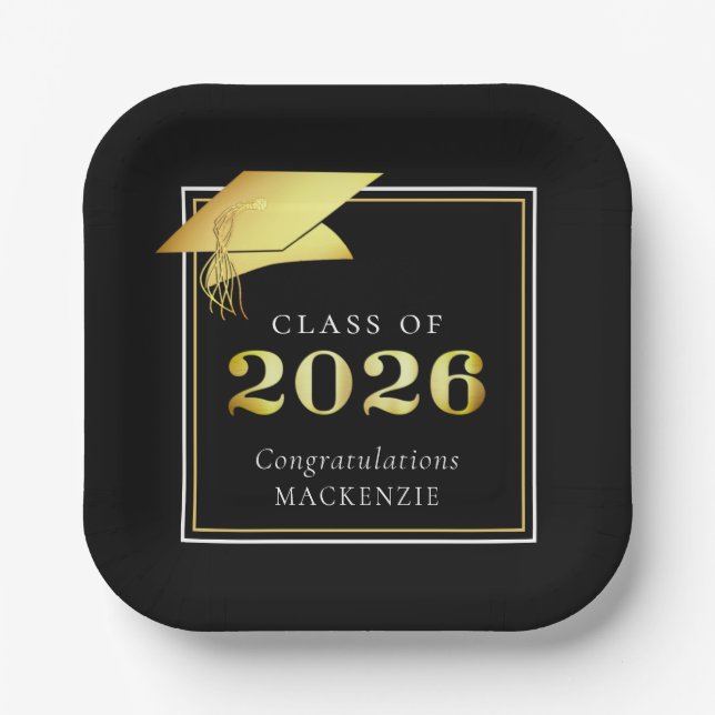 Abschluss 2025 Black Imitats Metallic Gold Pappteller (Vorderseite)