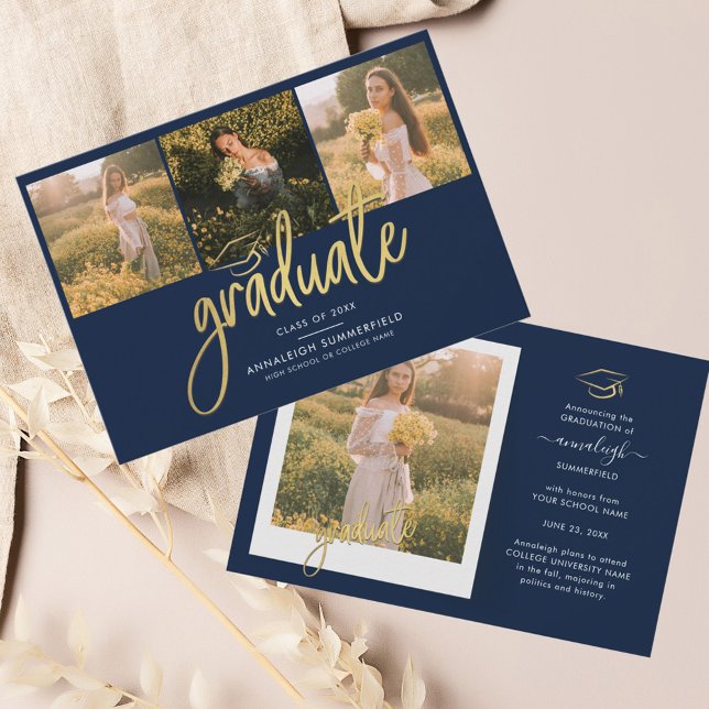 Abschluss 2025 Foto Collage Grad Bekanntgabe (Graduation 4 Photos Grad Navy Blue Announcement)