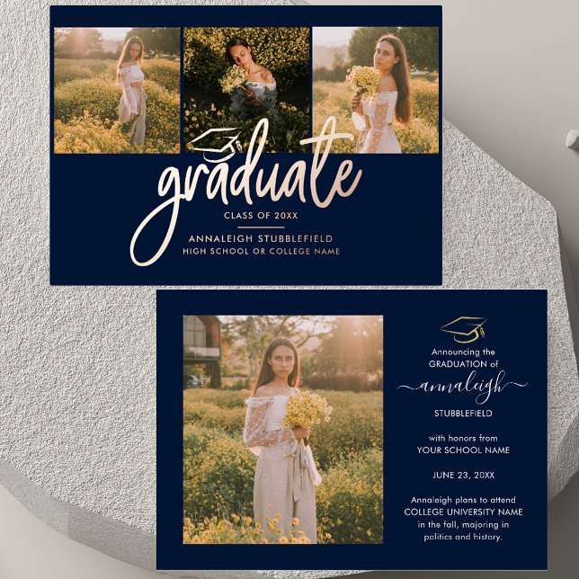 Abschluss 2025 Foto Collage Grad Rose Gold Folieneinladung (2025 Graduation Photo Collage Grad Rose Gold Foil Announcement)