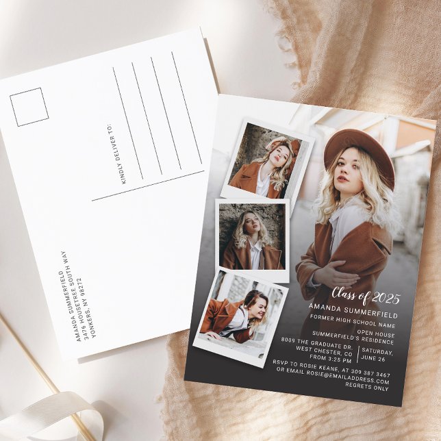 Abschluss 2025 Foto Collage Script Grad Party Einladungspostkarte (Graduation 2025 Multi Photo Grad Party Invitation Postcard)