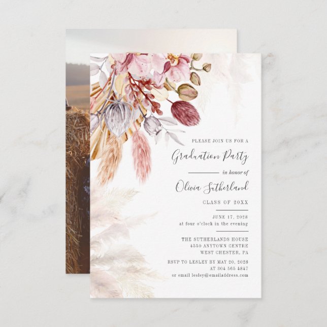 Abschluss 2025 Foto Pampas Grass Grad Party Einladung (Vorne/Hinten)
