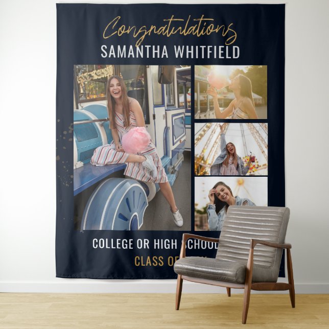 Abschluss 2025 Fotocollage Navy Blue Fotobooth Wandteppich (Beispiel)