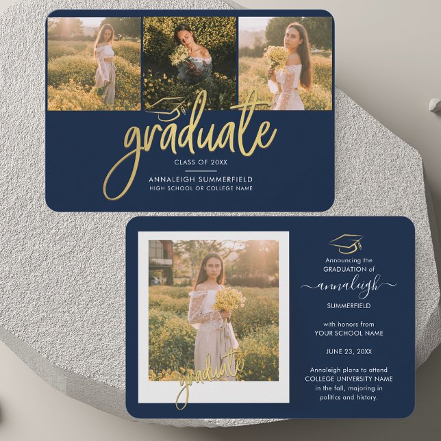 Abschluss 2025 Fotos Senior Grad Ankündigung (Graduation 2025 Photos Navy Blue Announcement Note Card)