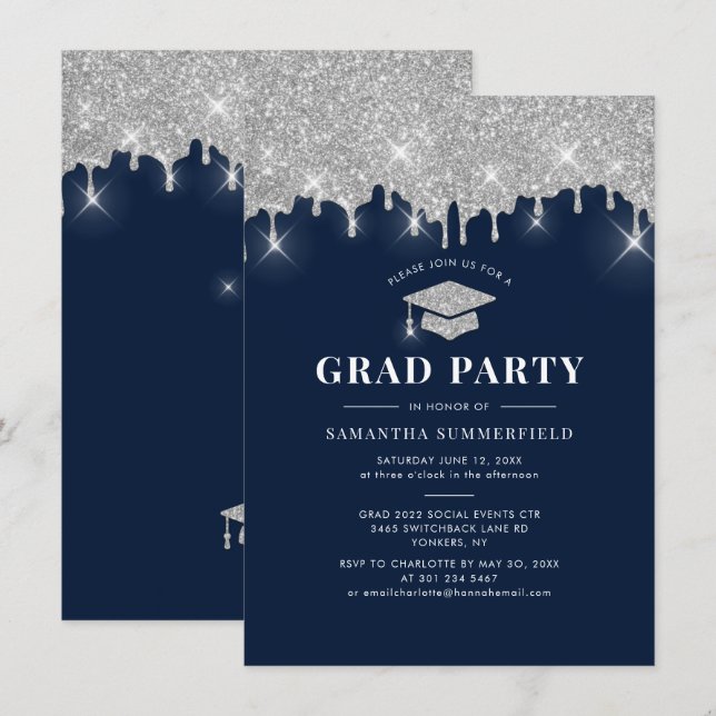 Abschluss 2025 Glitzer Grad Navy Blue Party Einladung (Vorne/Hinten)