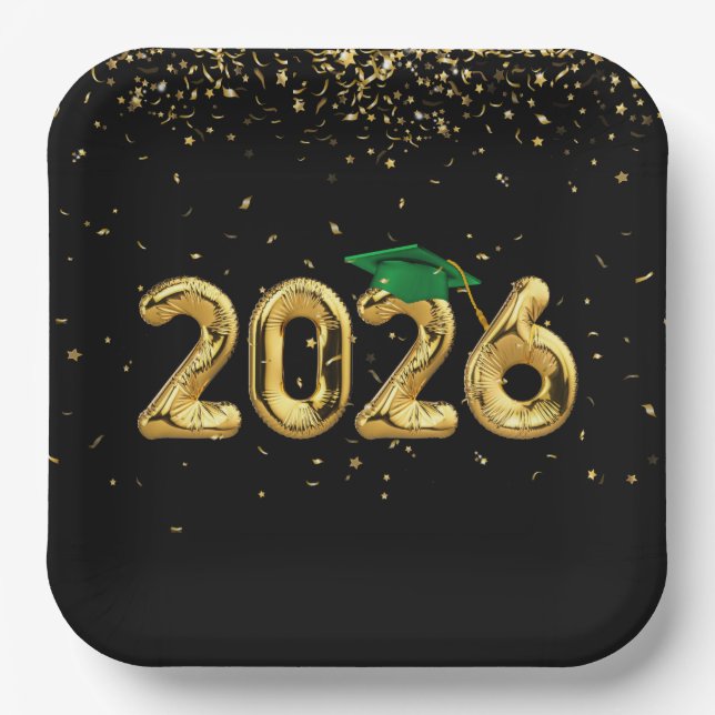 Abschluss 2025 Goldballons und Grüne Obergrenze Pappteller (Vorderseite)