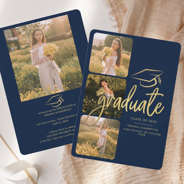 Abschluss 2025 Grad Fotos Script Navy Blue Ankündigung (Graduation 2025 Grad Photos Script Navy Blue Announcement)