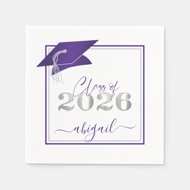 Abschluss 2025 Imitats Metallic Lila Silver Script Serviette (Vorderseite)