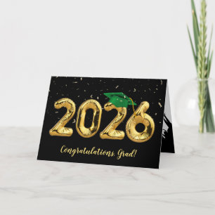 Abschluss 2025 mit grüner Cap und Confetti Karte