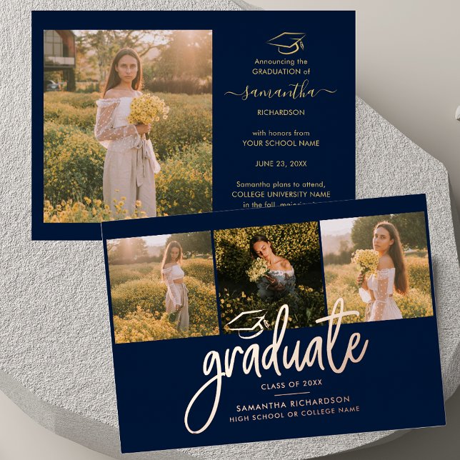 Abschluss 2025 Navy Blue Foto Collage Rose Gold Folieneinladung (Graduation 2025 Navy Blue Photo Collage Rose Gold Foil Invitation)