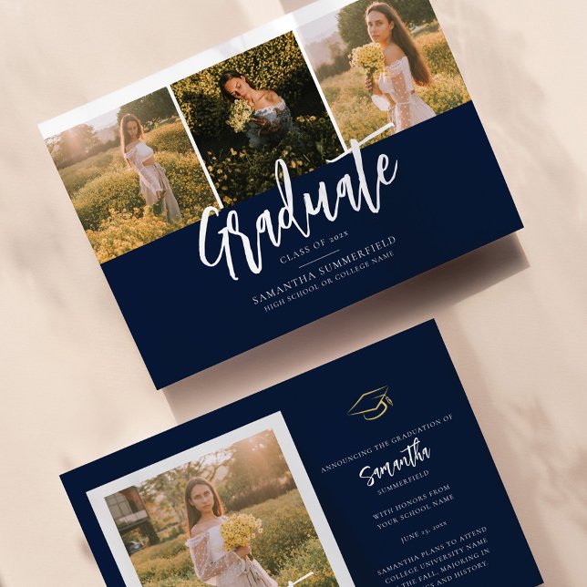 Abschluss 2025 Navy Blue und White Script Ankündigung (Class of 2024 Graduation Announcement Photo Collage)