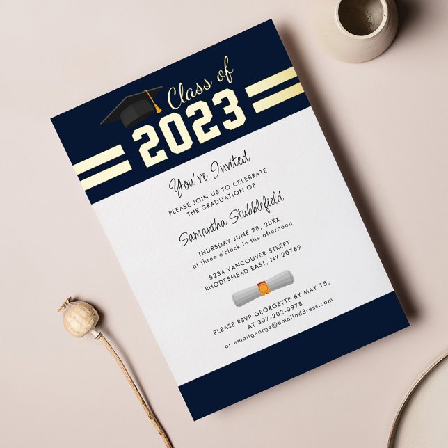 Abschluss 2025 Navy Blue Uni Grad Party Gold Folieneinladung (Von Creator hochgeladen)