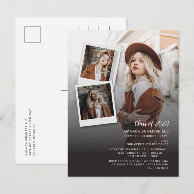 Abschluss 2025 Open House Grad Multi Foto Script Einladungspostkarte (Vorne/Hinten)