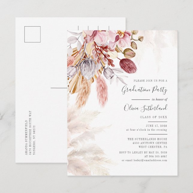 Abschluss 2025 Pampas Grass Grad Party Einladungspostkarte (Vorne/Hinten)