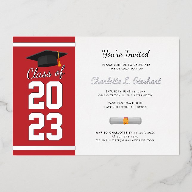 Abschluss 2025 Red Script Grad Party Silver Folieneinladung (Vorderseite)