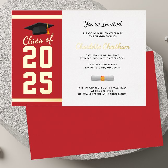 Abschluss 2025 Red Script Grand Party Gold Folieneinladung (Graduation 2025 Red Gold Foil Party Invitation Card)