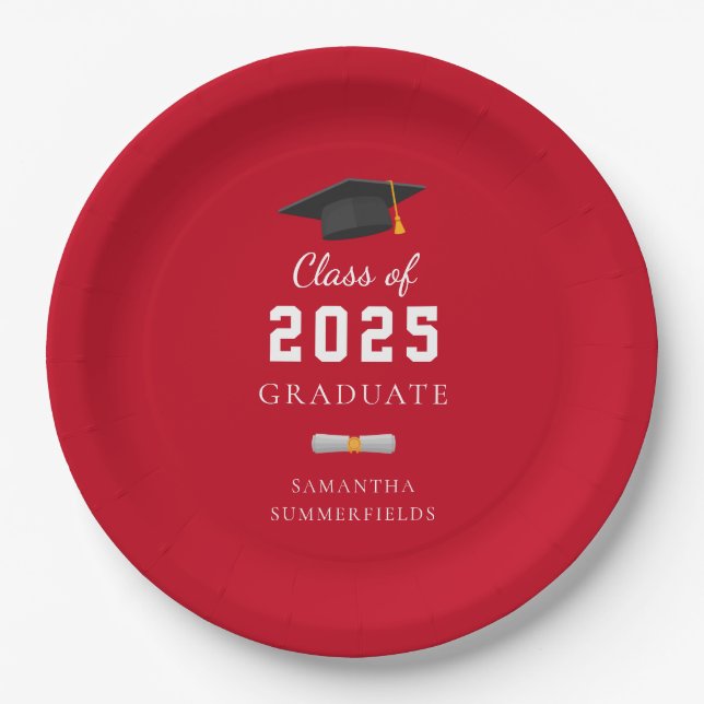 Abschluss 2025 Red White Grad Custom Pappteller (Vorderseite)