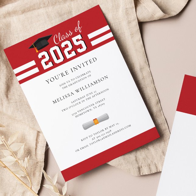 Abschluss 2025 Red White Grad Party Einladung (Graduation 2025 Party Red White Invitation)