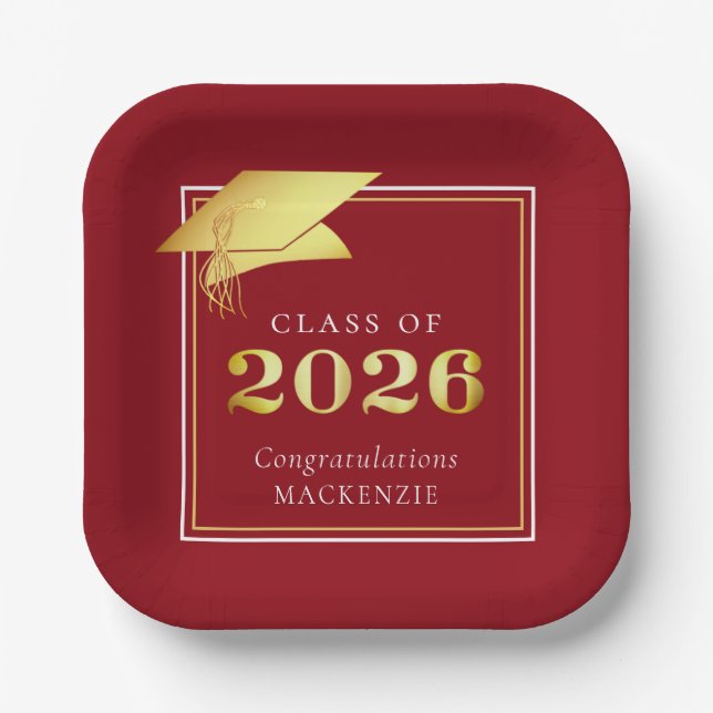 Abschluss 2025 Rote Imitate Metallic Gold Pappteller (Vorderseite)
