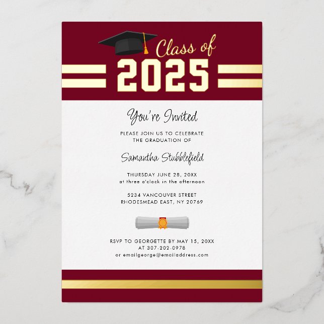 Abschluss 2025 Senior Burgundy Grad Party Gold Folieneinladung (Vorderseite)