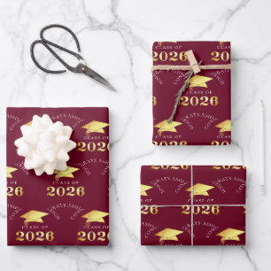 Abschluss 2026 Burgunderrot Gold Herzlichen Glückw Geschenkpapier Set