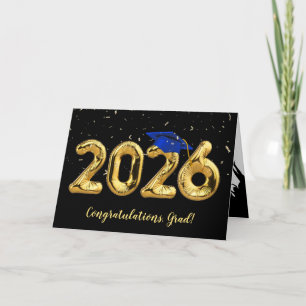Abschluss 2026 mit blauer Kappe und Konfetti Karte