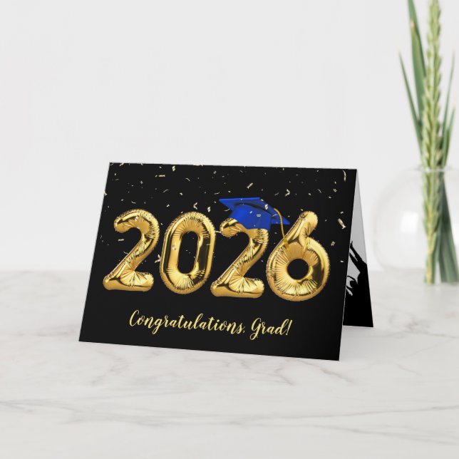 Abschluss 2026 mit blauer Kappe und Konfetti Karte (Vorderseite)