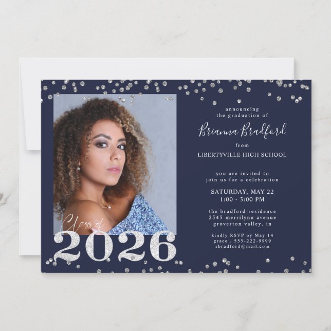 Abschluss 2026 Navy Blau Silber Glitter Einladung (Vorderseite)