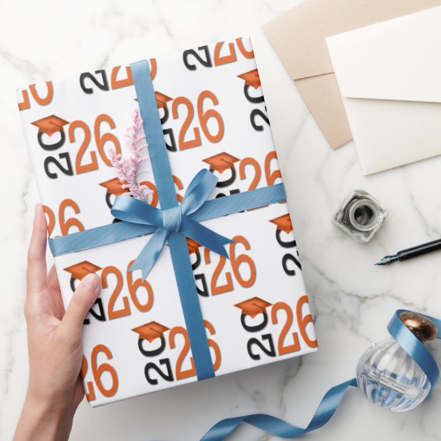 Abschluss 2026 Orange und Schwarz Geschenkpapier (Schenken)