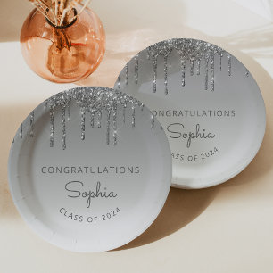 Abschluss 2026 personalisierte silberne Glitter-Dr Pappteller