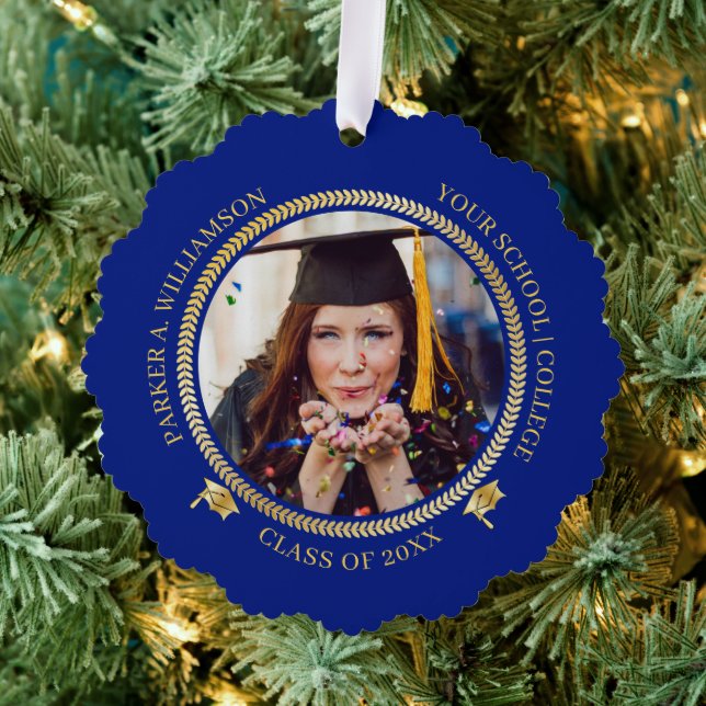 Abschluss 2 Foto Blau | Gold Grad Cap Class Year Ornament Karte (Insitu (Baum))