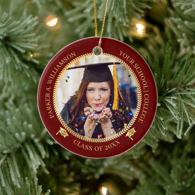 Abschluss 2 Foto D Rot | Gold Grad Cap Class Year Keramik Ornament (Baum)