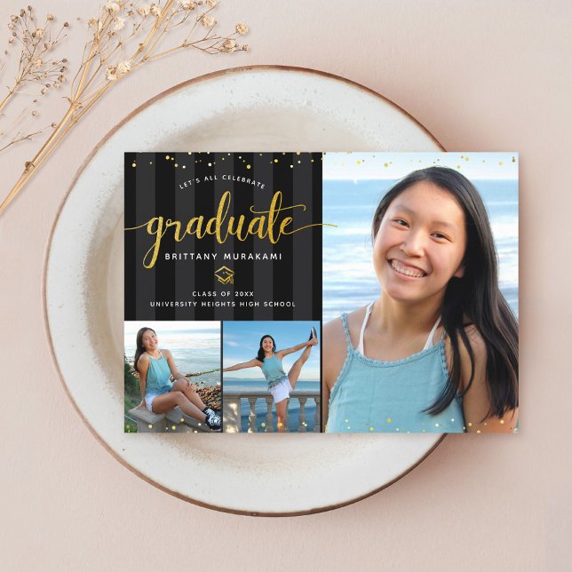 Abschluss 3 Foto Collage Black Gold Skript Chic Ankündigung (Von Creator hochgeladen)