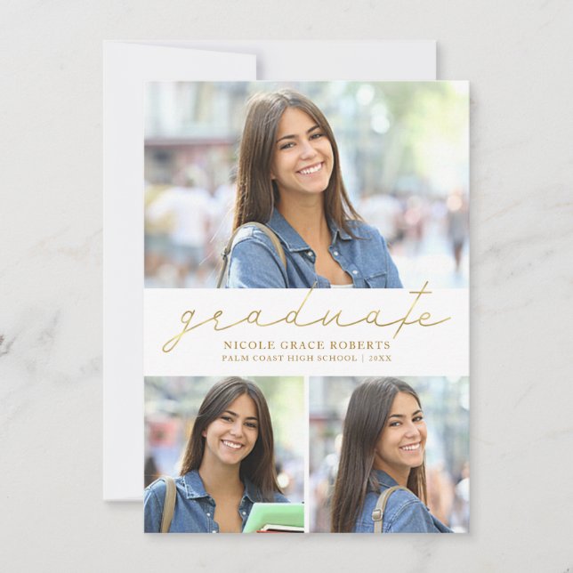 Abschluss 3-Foto Collage Easy Edit Gold Script Ankündigung (Vorderseite)