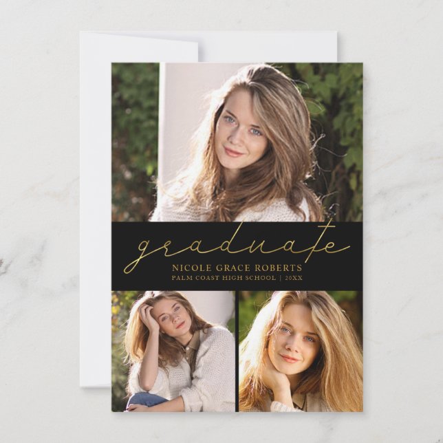 Abschluss 3-Foto Collage Modernes Goldenes Drehbuc Ankündigung (Vorderseite)