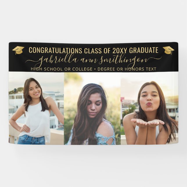 Abschluss 3 Foto Elegantes Script Schwarzes Gold Banner (Horizontal)