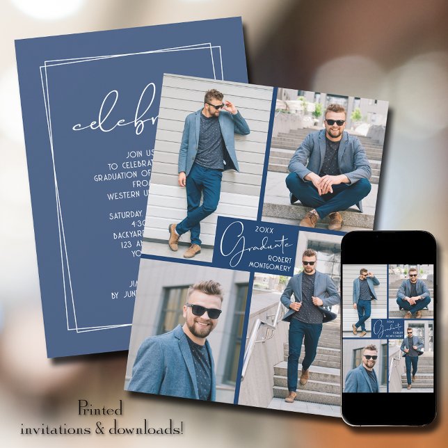 Abschluss 4 Foto Collage Blue Party Einladung (Von Creator hochgeladen)