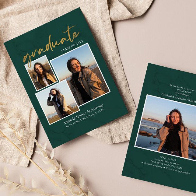 Abschluss 4 Foto Collage Script Green Grad 2024 Ankündigung (Graduation Announcement Photo Collage Green Marble Card)