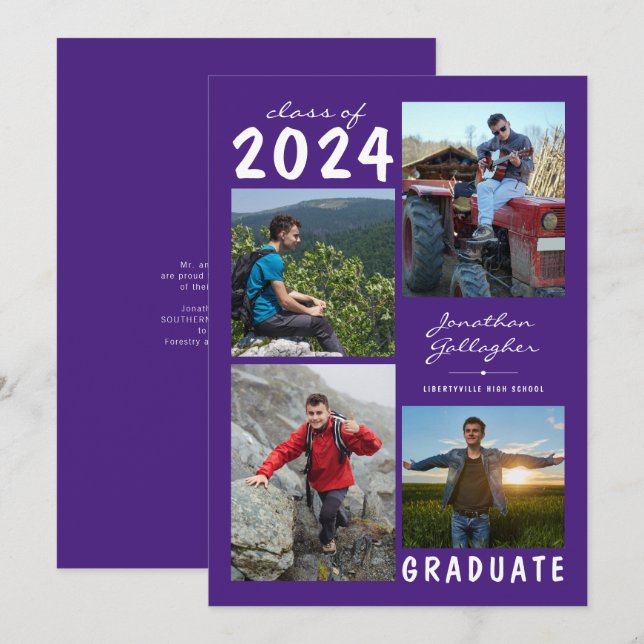 Abschluss 4 Foto Handgeschriebener Name | LILA Ankündigung (Vorne/Hinten)