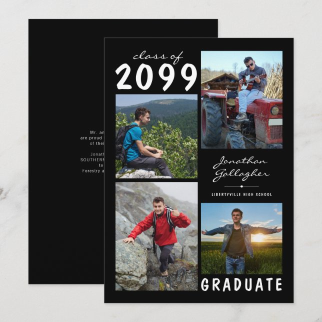 Abschluss 4 Foto Handgeschriebener Name | SCHWARZ- Ankündigung (Vorne/Hinten)