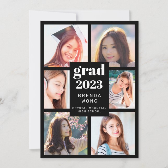 Abschluss 6 FotoCollage Weißes Skript Schwarz Ankündigung (Vorderseite)