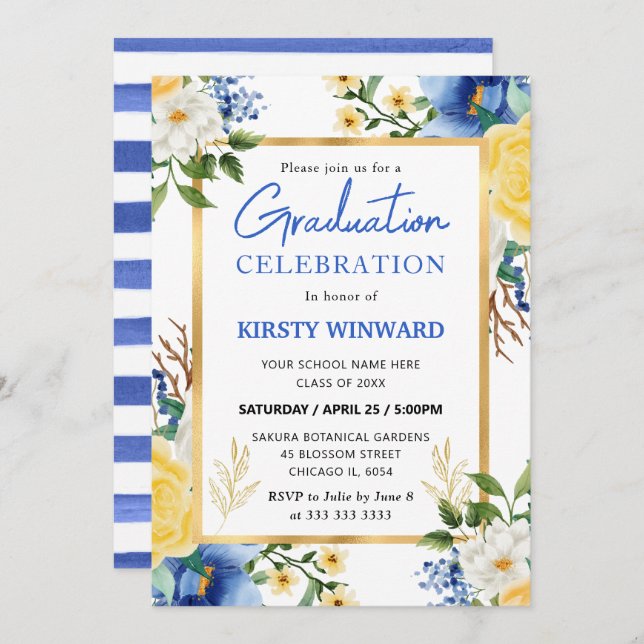 Abschluss Aquarellblau und Gelb Blumen Einladung (Vorne/Hinten)