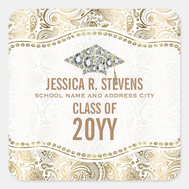 Abschluss aus Gold und Weiß Quadratischer Aufkleber (Vorderseite)