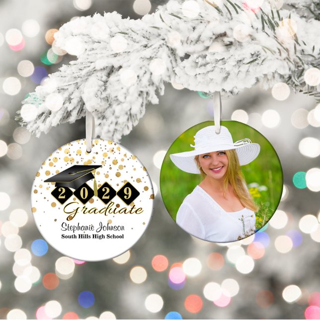 Abschluss Black and Gold Foto Keramik Ornament (Graduation Black and Gold Photo Ceramic Ornament)