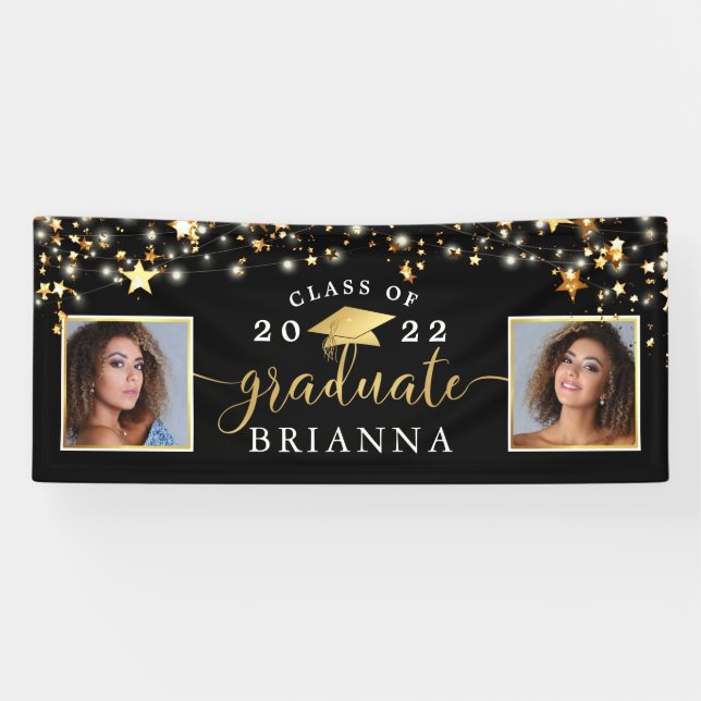 Abschluss Black Gold Stars Lights Confetti Foto Banner (Horizontal)