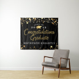 Abschluss Black Gold Stars Lights Confetti Script Wandteppich